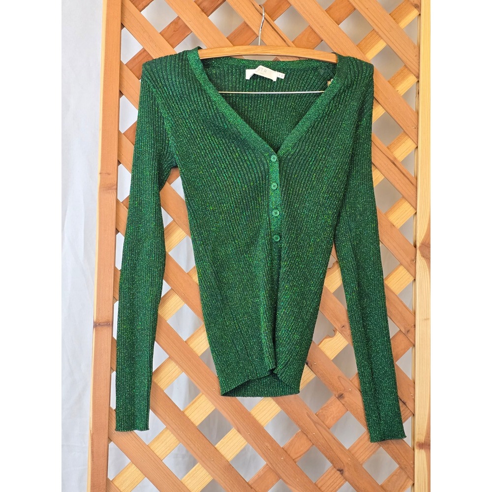 ASTR The Label Cardigan Women Medium‎ Green Metallic Ribbed V-Neck - Excellent